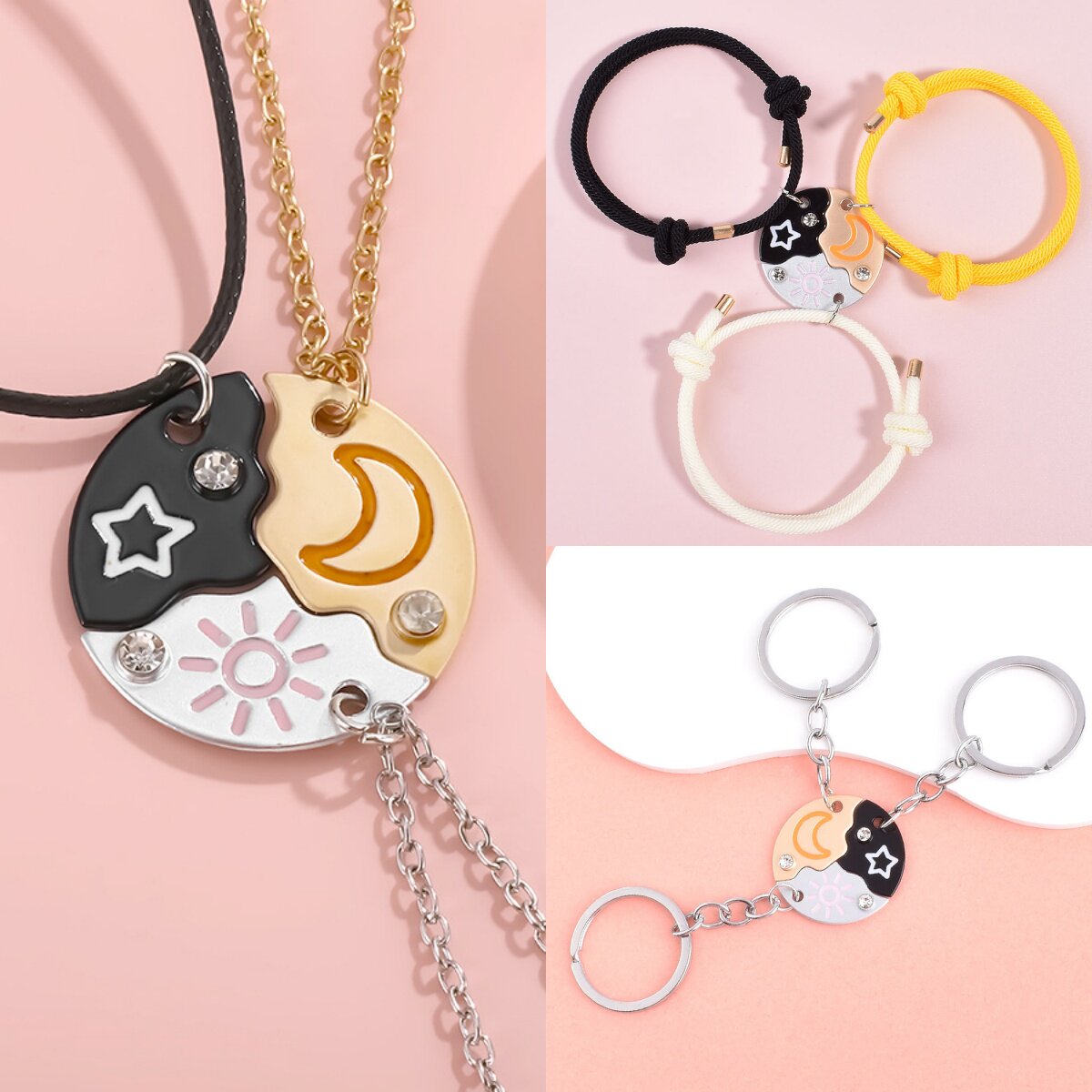 太阳月亮星星项链手链钥匙扣九件套好朋友儿童闺蜜友谊三人款饰品