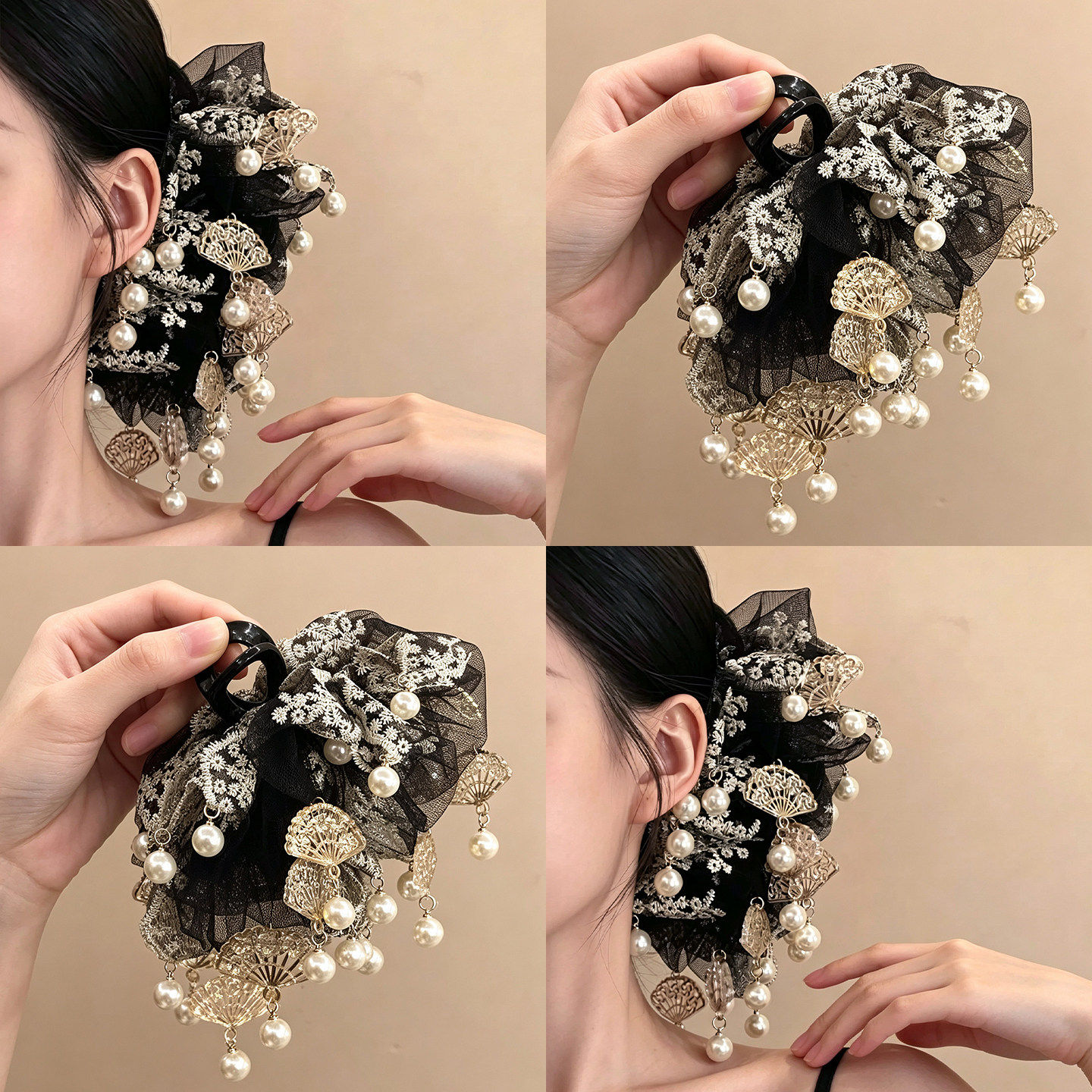新中式时尚蕾丝流苏蝴蝶山海群抓夹新款显发量后脑勺轻奢发夹发饰