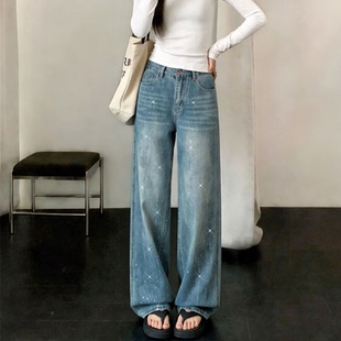 浅色小个子满天星烫钻牛仔裤超好看炸街裤子宽松显瘦直筒阔腿裤春