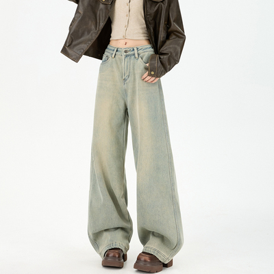 怀旧蓝宽松直筒阔腿加绒牛仔裤女