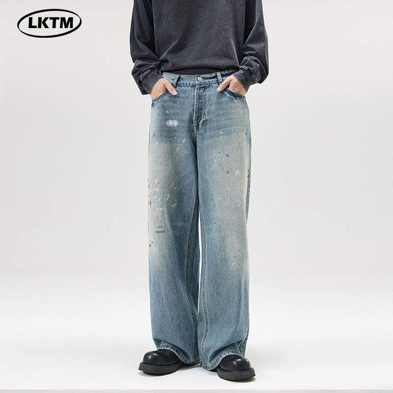 LKTM男装#AC泼墨水洗牛仔裤男女美式高街潮牌做旧宽松直筒阔腿裤