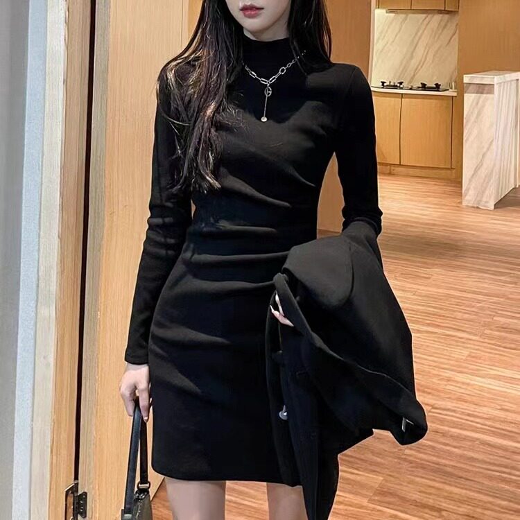 黑色针织包臀连衣裙女秋冬季加绒厚大衣内搭套装打底紧修身短裙子