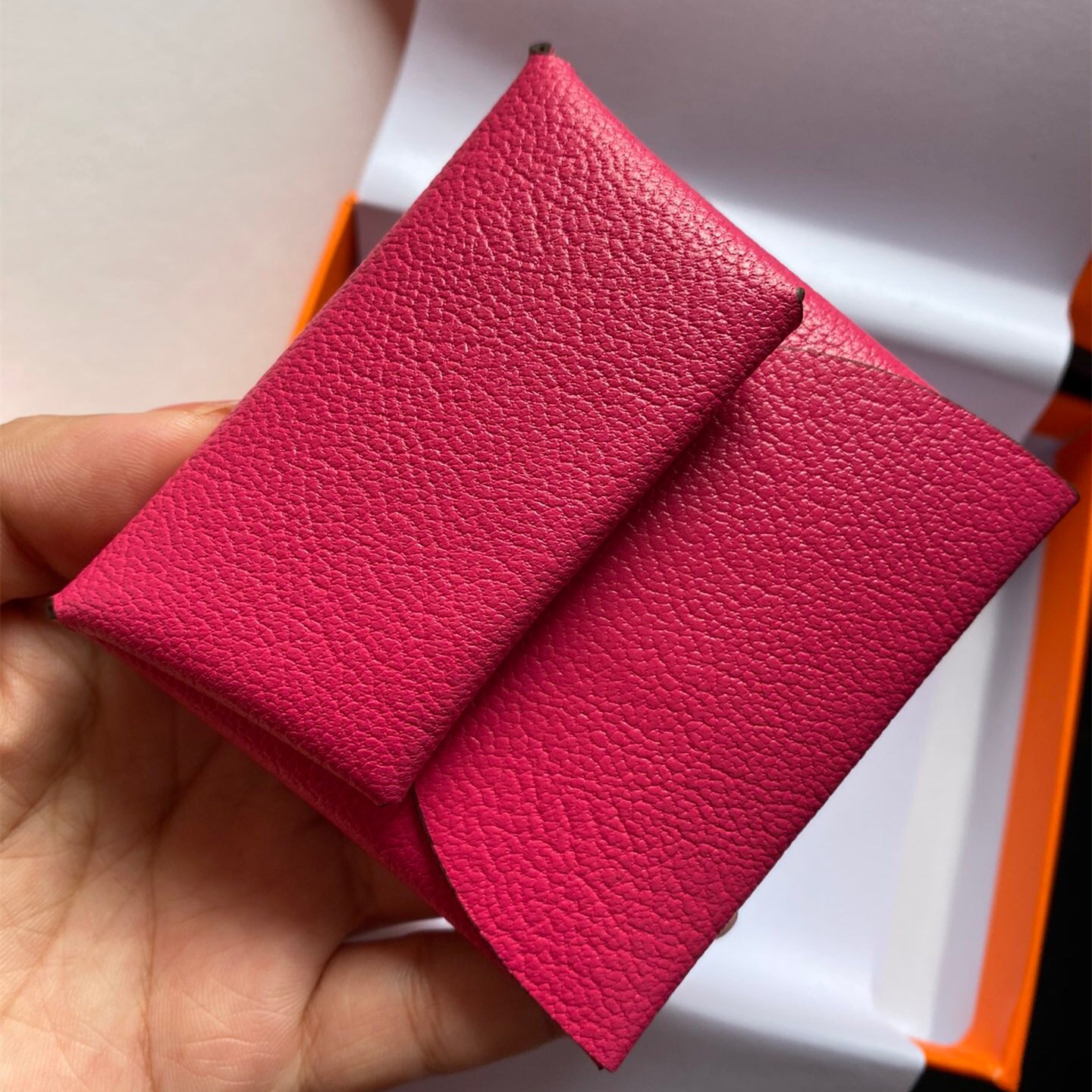 H家卡包山羊纹零钱包女Bastia按扣对折名片夹小牛皮卡包零钱包