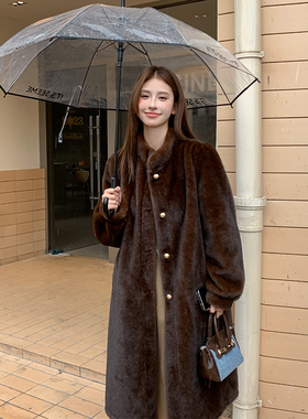 豪门阔太中古水貂气质皮毛一体立领长款貂皮大衣女环保皮草外套