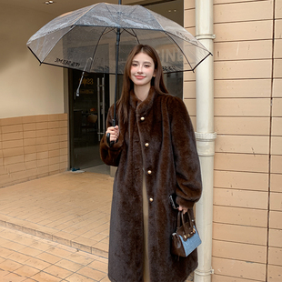 豪门阔太中古水貂气质皮毛一体立领长款 貂皮大衣女环保皮草外套