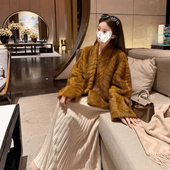 韩系V领人字纹金叶貂环保皮草女2025冬季 高级感皮毛一体短款 外套