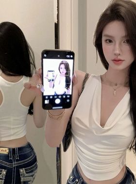 辣妹纯欲白色荡领吊带工字背心女夏修身显瘦气质百搭无袖短款上衣