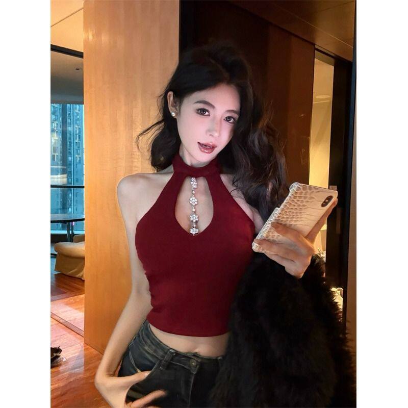 辣妹带胸垫镶钻挂脖吊带背心女夏T恤