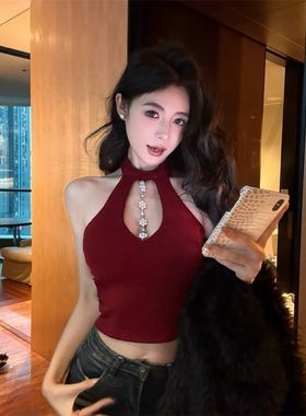 辣妹带胸垫镶钻挂脖吊带背心女夏季修身内搭打底短款露背无袖上衣