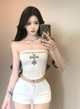 辣妹纯棉美式十字架印花不规则抹胸背心女夏修身外穿短款无袖上衣