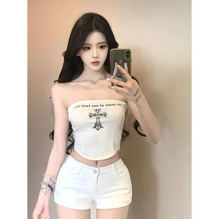 辣妹纯棉美式十字架印花不规则抹胸背心女夏修身外穿短款无袖上衣