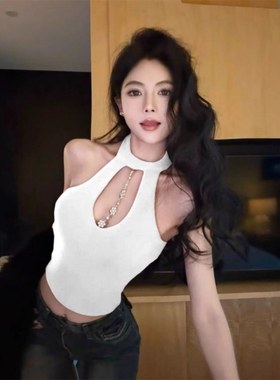 辣妹白色带胸垫挂脖吊带小背心女夏季修身百搭外穿无袖短款上衣潮