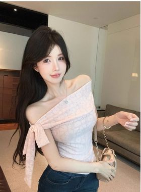 辣妹多种穿法蕾丝系带短袖T恤女夏修身百搭绝美露肩短款抹胸上衣