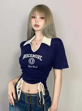 辣妹美式polo领字母印花抽绳短袖T恤女夏季修身收腰显瘦短款上衣