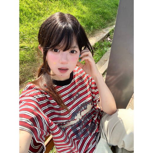 【无忧试穿】条纹撞色字母刺绣