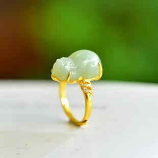 天然和田玉且末蓝貔貅戒指开口戒女款招财圈口可调节简约百搭气质