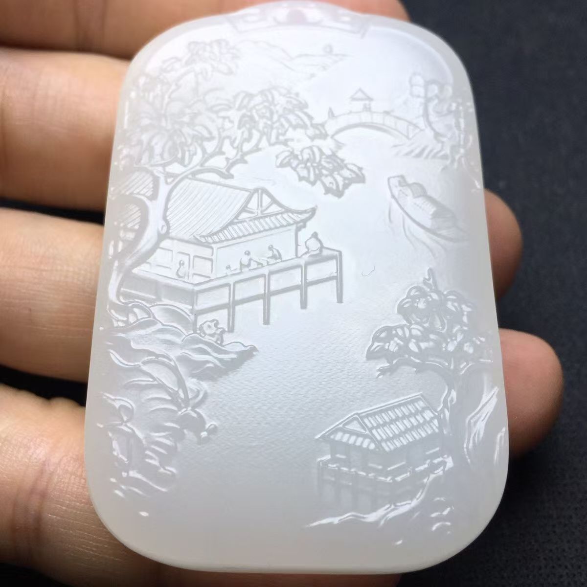 天然阿富汗晴水色双面苏工精雕山水挂坠玉牌吊坠玉石白色挂件玉佩