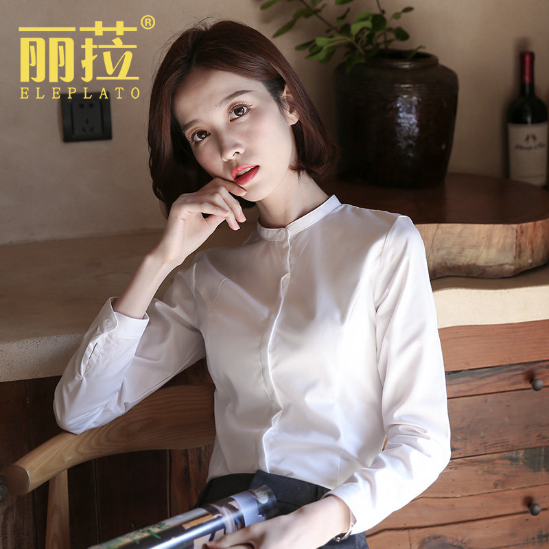小白色衬衫女长袖新款女式正装圆领免烫抗邹工装职业衬衣