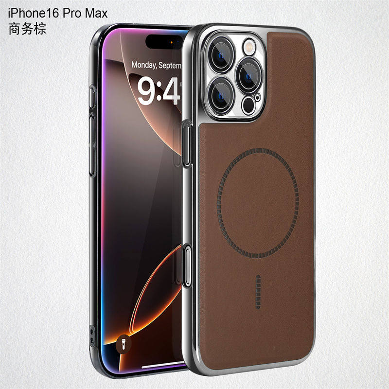 轻奢电镀素皮适用iPhone16promax手机壳magsafe磁吸苹果16pro保护套15pro超薄防摔全包15plus高级感真皮外壳