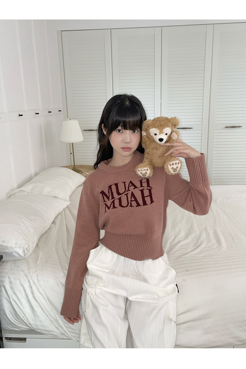 【JaJa同款】韩国muahmuah字母提花圆领毛衣女秋冬收腰针织衫