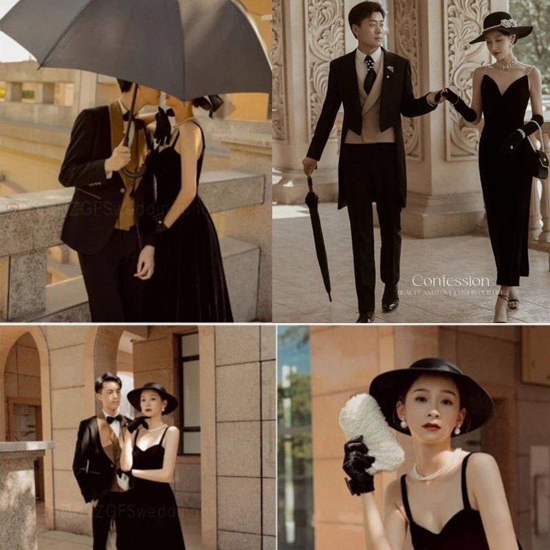 新款赫本风婚纱摄影道具大黑伞法式复古英伦帽子外景街拍珍珠手包