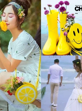 新款旅拍风个性黄色柠檬包创意婚纱摄影写真外景笑脸包黄色橘子包