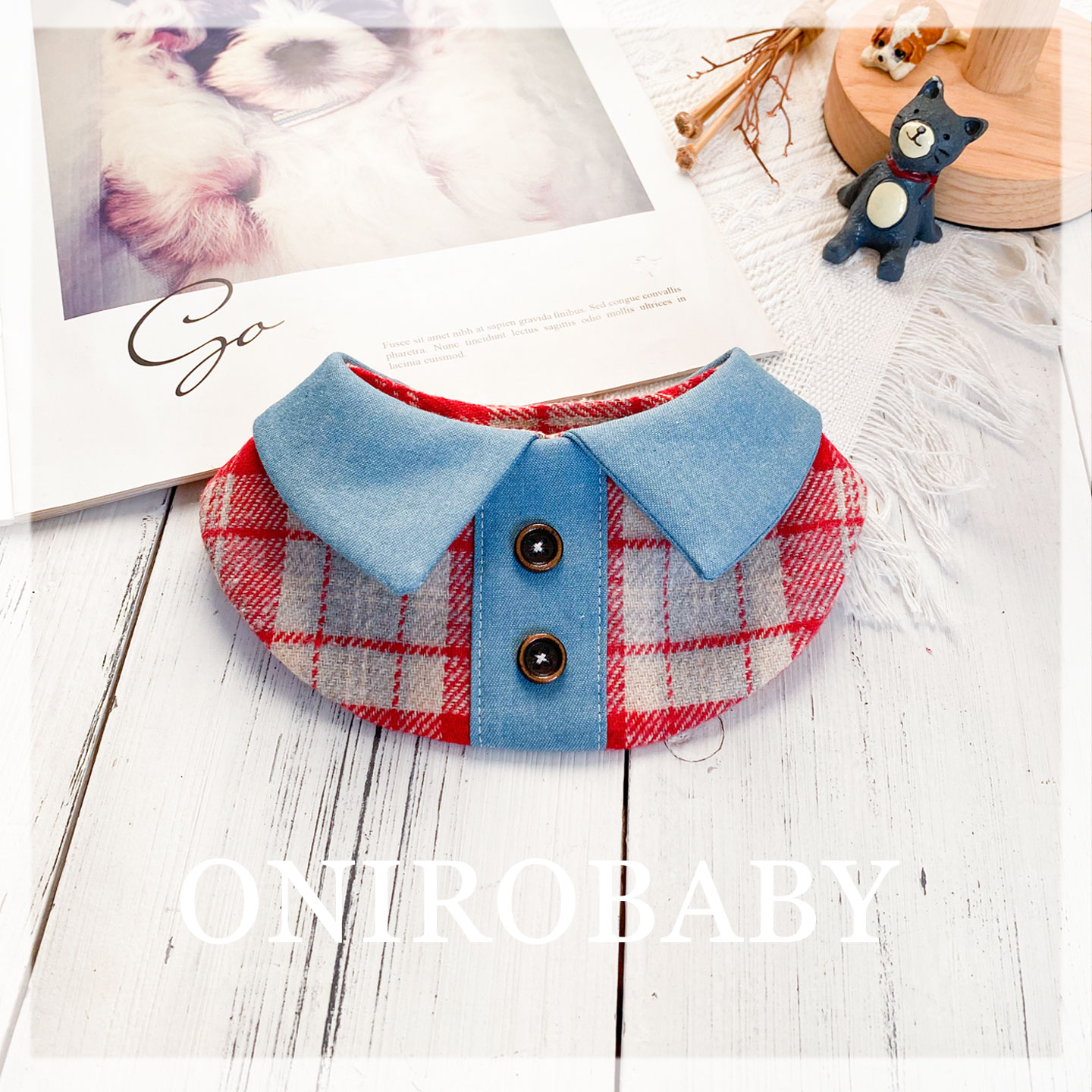 Onirobaby原创猫咪狗狗围兜口水巾宠物围脖复古格子围嘴冬季围嘴
