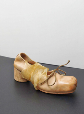 新款手工芭蕾舞鞋马皮复古水洗做旧猪鼻子方头单鞋 蝴蝶结单鞋