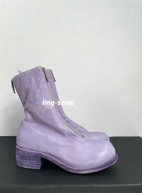 手工限定色特价guidi马皮靴PL2粉紫色水洗复古做旧马丁靴粗跟女鞋