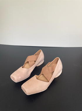 手工鞋 水洗马皮做旧芭蕾舞鞋复古玛丽珍方头交叉带猪鼻平跟单鞋