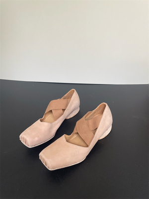 芭蕾舞鞋做旧交叉带粗跟单鞋方头