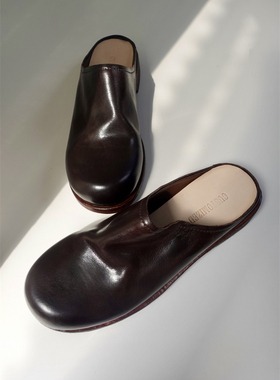 松弛感极简风 马皮圆头水洗穆勒拖鞋 真皮缝制包头半拖