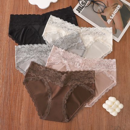 欧美7a蕾丝半贴胶无痕油光绸缎性感内裤女低腰透气女士三角裤