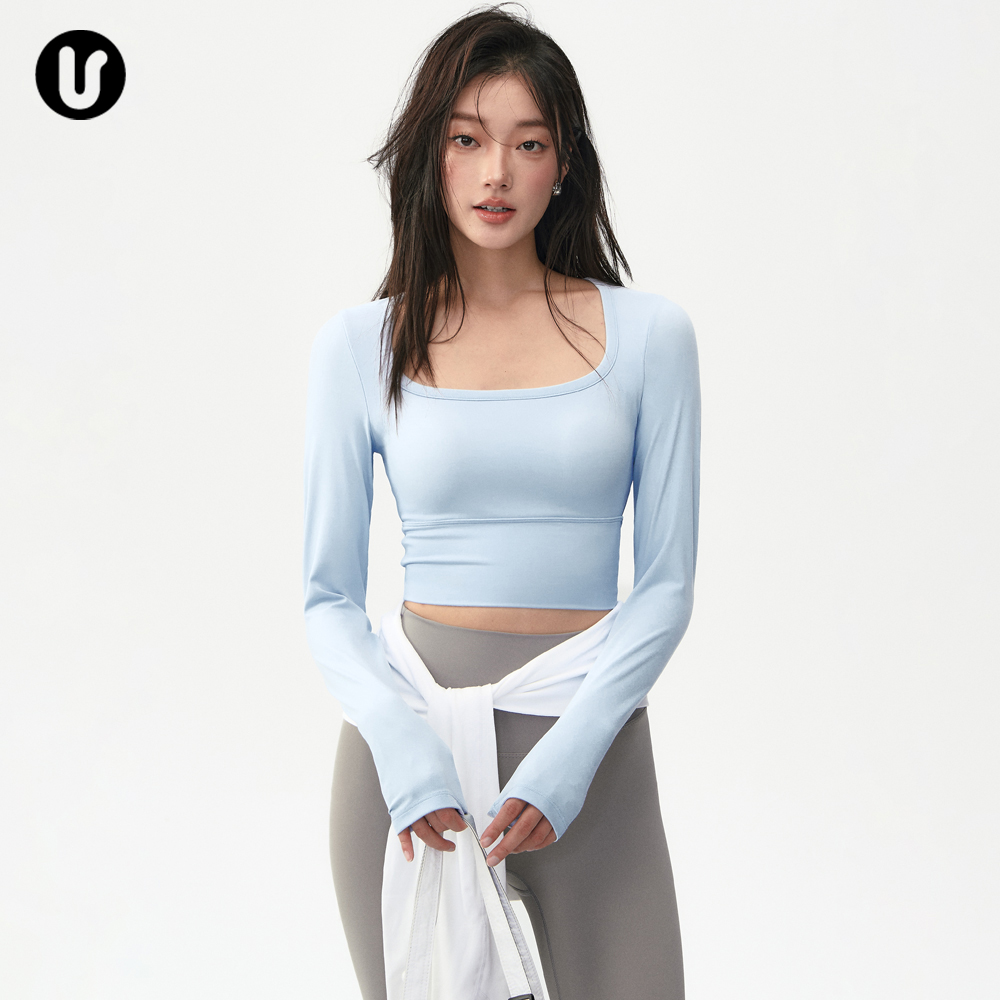 瑜伽服女秋冬修身带胸垫运动上衣跑步防震训练房健身蓝色长袖套装