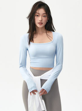 瑜伽服女秋冬修身带胸垫运动上衣跑步防震训练房健身蓝色长袖套装