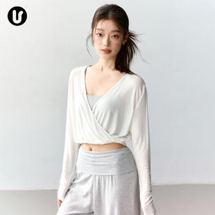 新款宽松罩衫瑜伽服上衣女V领普拉提训练服长袖短款跑步运动套装