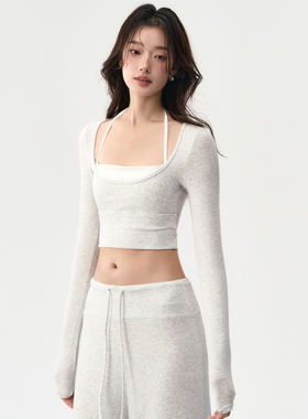 瑜伽服女假两件修身运动上衣长袖带胸垫好看普拉提训练服健身套装