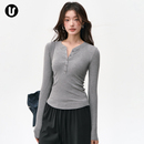 灰色运动上衣跑步普拉提训练服健身长袖 瑜伽服女秋新款 亨利领修身