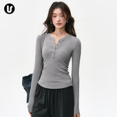 灰色运动上衣跑步普拉提训练服健身长袖 瑜伽服女秋新款 亨利领修身