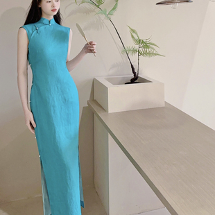 「孔雀」手缝盘扣中式长款无袖旗袍中式显白连衣裙国风长裙
