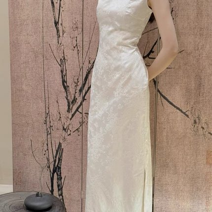 踏雪 白色真丝提花长款无袖改良旗袍修身气质连衣裙夏季女