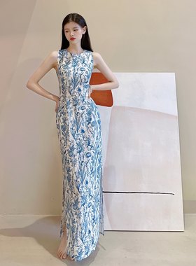 清仓 新中式青花瓷肌理面料无袖修身简约气质优雅连衣裙