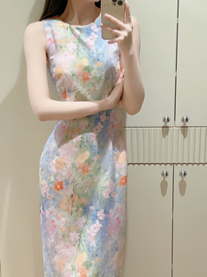 原创「油画旗袍」肌理面料改良无袖 简约气质优雅连衣裙 修身