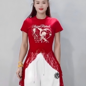 蕾丝拼接字母印花不规则百搭T恤舞蹈服装 2025夏季 新款 跳舞衣服女