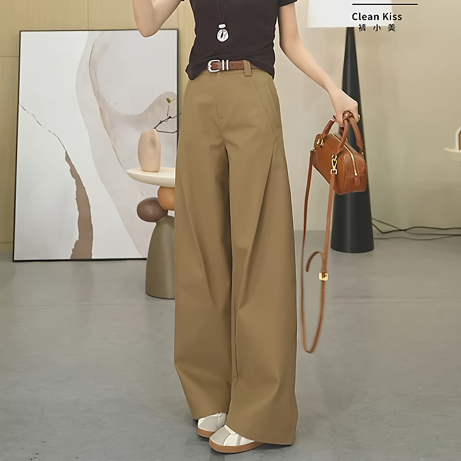 2025新款卡其色阔腿西装裤女宽松遮垮显瘦小众拖地裤子