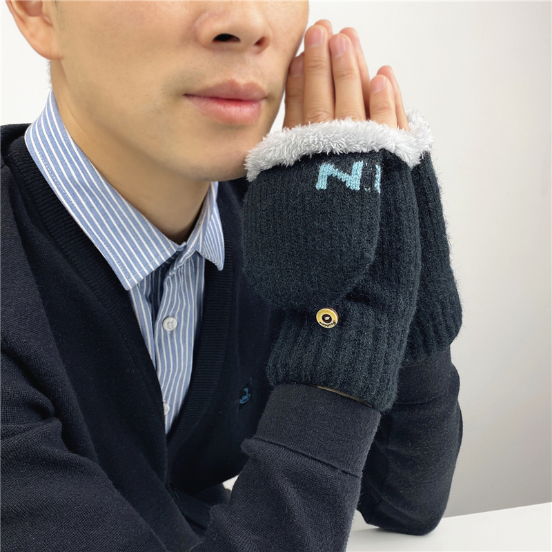 翻盖手套男士冬季保暖韩版潮学生加绒加厚棉写字防寒露指半指冬天