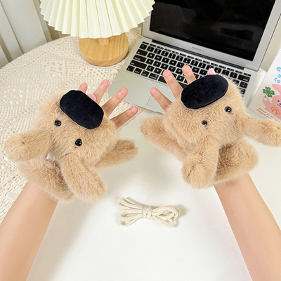 冬季小狗加绒防风挂脖骑行手套