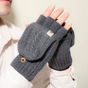 男士冬季仿羊绒保暖加厚半指手套半截翻盖学生写字开车玩手机冬天