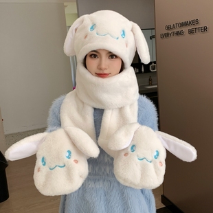 可爱小狗狗耳朵会动的帽子围巾一体女冬加绒加厚连帽围脖三件套潮