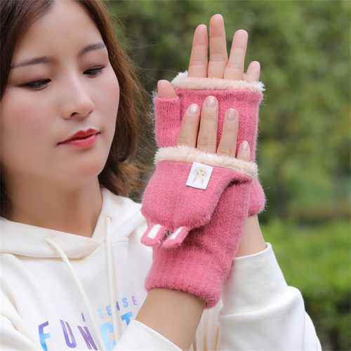 手套女冬天加绒加厚保暖可爱学生写字针织翻盖半指防寒潮毛线手套